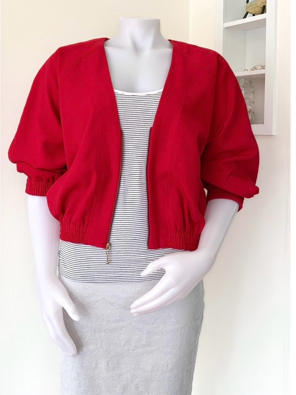 1980s bright red oversized dolman collarless long sleeve zipper jacket